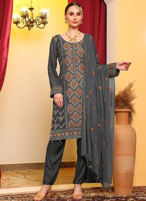 Grey embroidered faux georgette pakistani suit 1