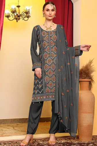 Grey embroidered faux georgette pakistani suit