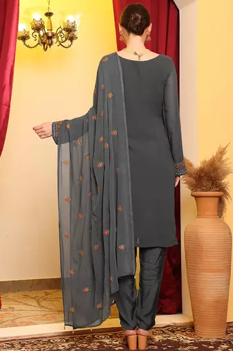 Grey embroidered faux georgette pakistani suit