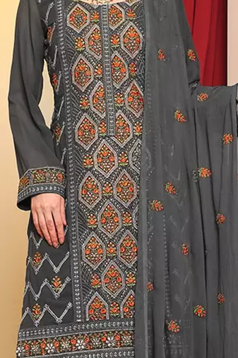 Grey embroidered faux georgette pakistani suit