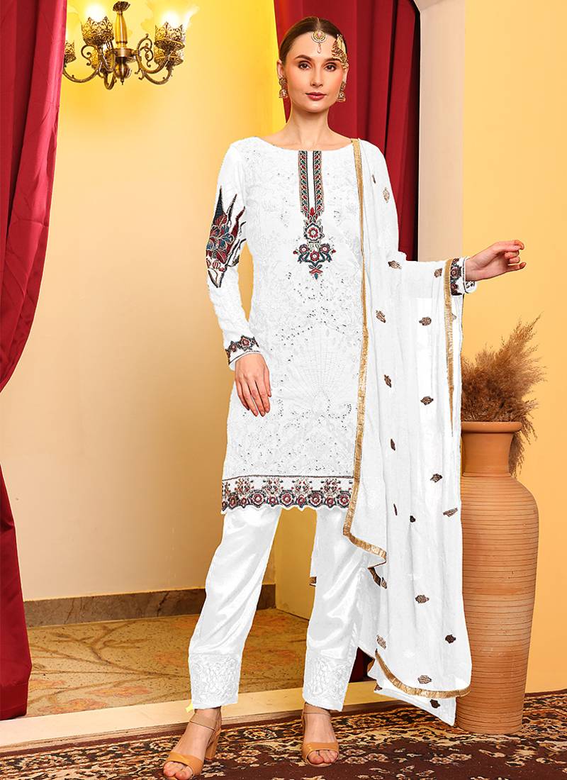 Whit embroidered faux georgette pakistani suit
