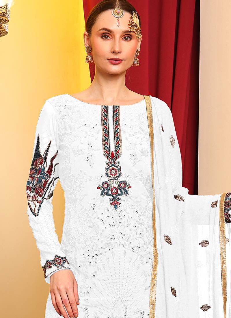 Whit embroidered faux georgette pakistani suit