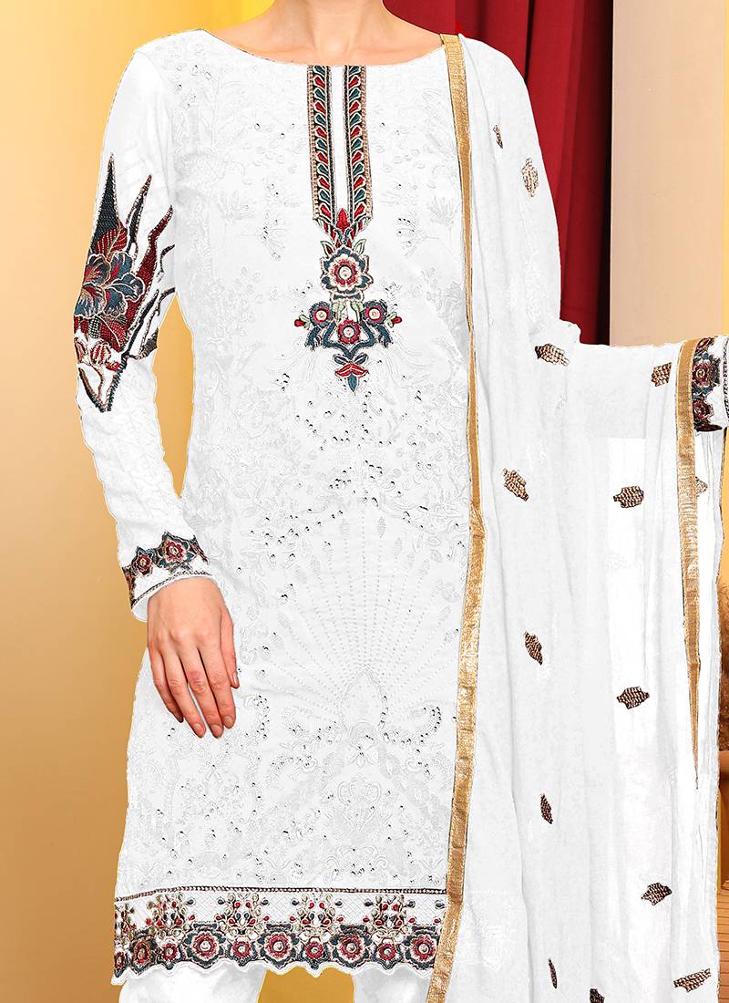 Whit embroidered faux georgette pakistani suit