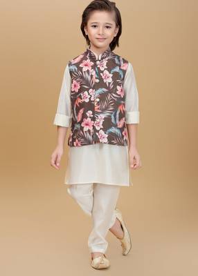 Olive green printed cotton silk kurta pajama nehru jacket set 1