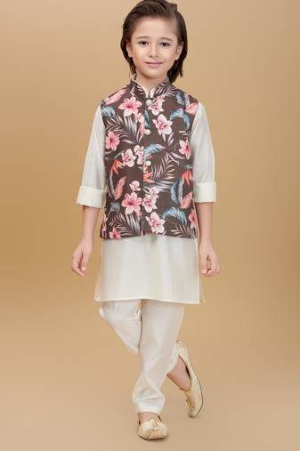 Olive green printed cotton silk kurta pajama nehru jacket set