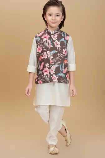 Olive green printed cotton silk kurta pajama nehru jacket set