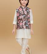 Olive green printed cotton silk kurta pajama nehru jacket set