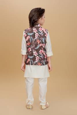 Olive green printed cotton silk kurta pajama nehru jacket set 2