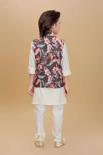 Olive green printed cotton silk kurta pajama nehru jacket set