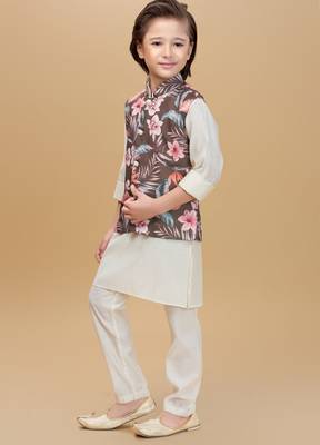 Olive green printed cotton silk kurta pajama nehru jacket set 3