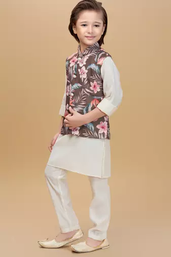 Olive green printed cotton silk kurta pajama nehru jacket set
