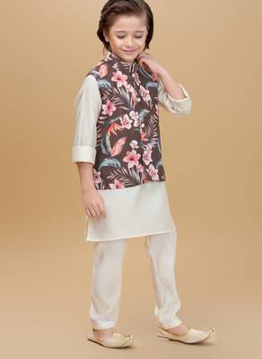 Olive green printed cotton silk kurta pajama nehru jacket set 4