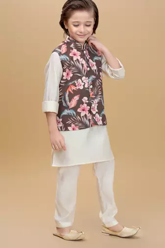 Olive green printed cotton silk kurta pajama nehru jacket set