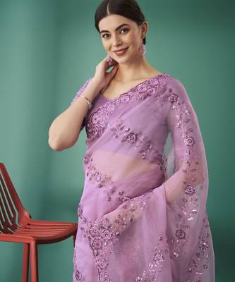 Pink Color Embroidered Organza Silk Blend Saree 1