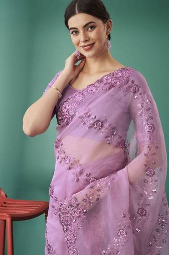 Pink Color Embroidered Organza Silk Blend Saree