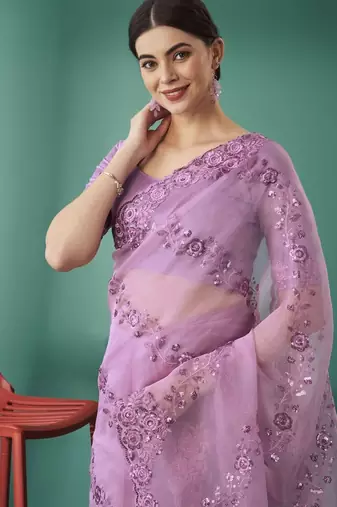 Pink Color Embroidered Organza Silk Blend Saree