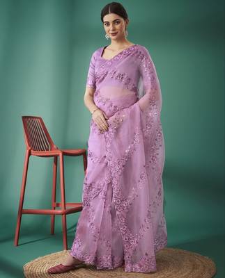 Pink Color Embroidered Organza Silk Blend Saree 2