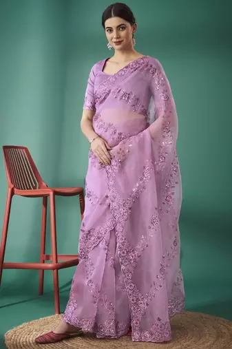 Pink Color Embroidered Organza Silk Blend Saree