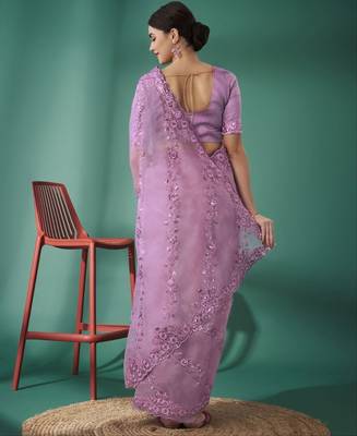Pink Color Embroidered Organza Silk Blend Saree 3