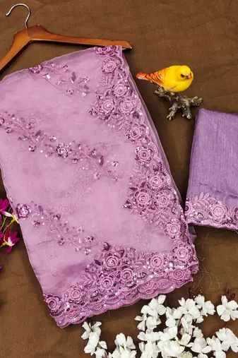Pink Color Embroidered Organza Silk Blend Saree