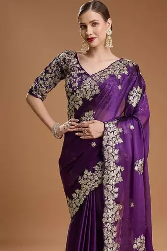 Purple Color Embroidered Rangoli Silk blend Saree
