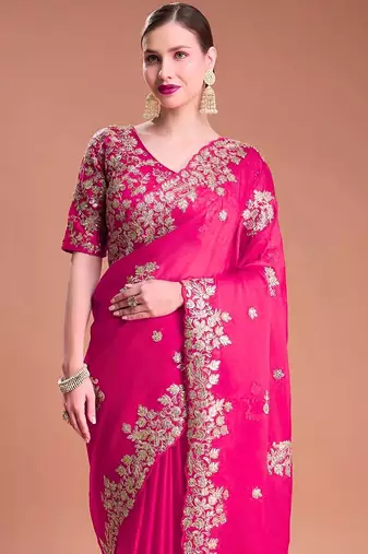 Rani Pink Color Embroidered Rangoli Silk Blend Saree