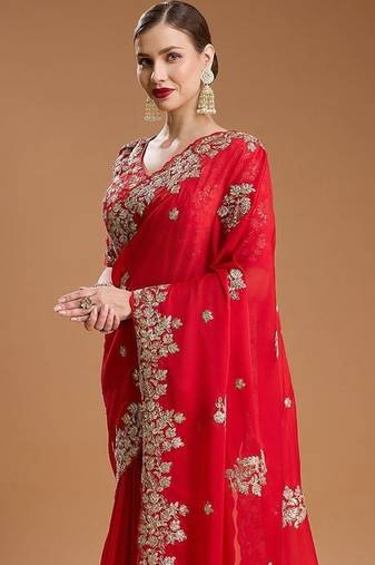 Red Color Embroidered Rangoli Silk Blend Saree