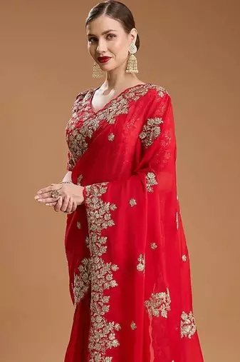 Red Color Embroidered Rangoli Silk Blend Saree