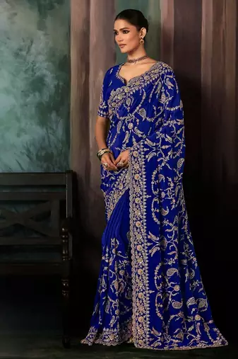 Blue luxury bridal saree for wedding | fancy fabric saree with hand embroidery & designer blouse