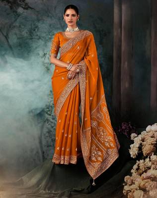 Rust luxury bridal saree for wedding | fancy fabric saree with hand embroidery & blouse 1