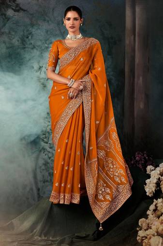 Rust luxury bridal saree for wedding | fancy fabric saree with hand embroidery & designer blouse