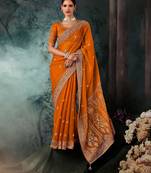 Rust luxury bridal saree for wedding | fancy fabric saree with hand embroidery & designer blouse
