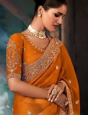 Rust luxury bridal saree for wedding | fancy fabric saree with hand embroidery & blouse 2