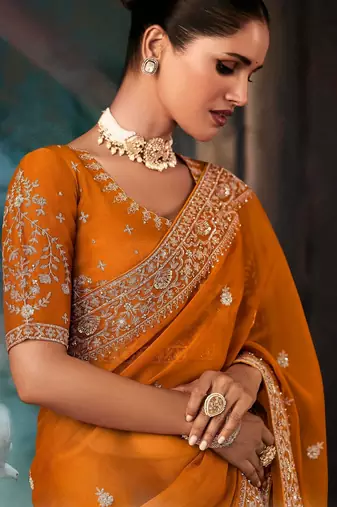 Rust luxury bridal saree for wedding | fancy fabric saree with hand embroidery & blouse