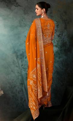 Rust luxury bridal saree for wedding | fancy fabric saree with hand embroidery & blouse 3