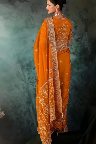 Rust luxury bridal saree for wedding | fancy fabric saree with hand embroidery & blouse