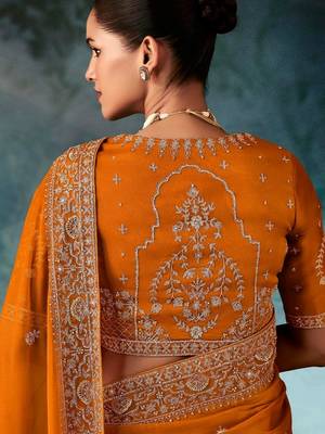 Rust luxury bridal saree for wedding | fancy fabric saree with hand embroidery & blouse 4