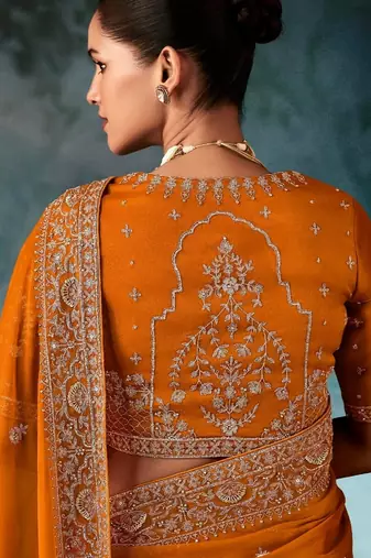Rust luxury bridal saree for wedding | fancy fabric saree with hand embroidery & blouse