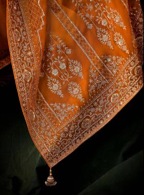 Rust luxury bridal saree for wedding | fancy fabric saree with hand embroidery & blouse 5