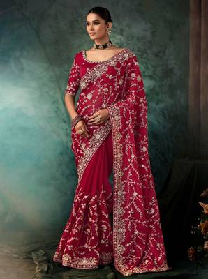 Maroon luxury bridal saree for wedding | fancy fabric saree with hand embroidery & blouse 1