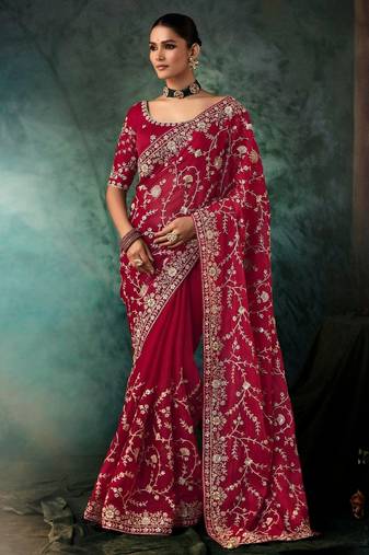 Maroon luxury bridal saree for wedding | fancy fabric saree with hand embroidery & designer blouse