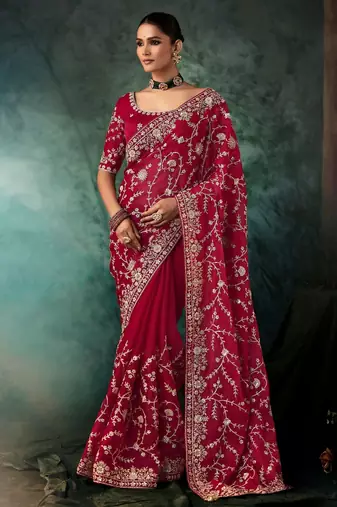 Maroon luxury bridal saree for wedding | fancy fabric saree with hand embroidery & designer blouse