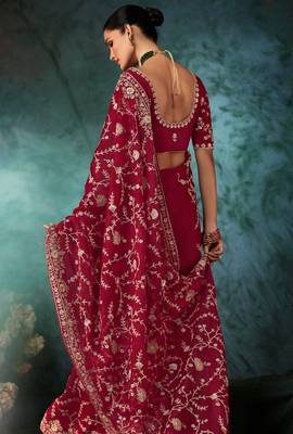 Maroon luxury bridal saree for wedding | fancy fabric saree with hand embroidery & blouse 2