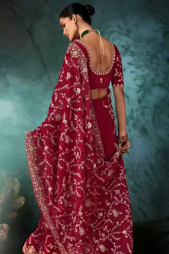 Maroon luxury bridal saree for wedding | fancy fabric saree with hand embroidery & blouse