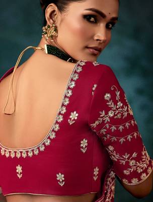 Maroon luxury bridal saree for wedding | fancy fabric saree with hand embroidery & blouse 3