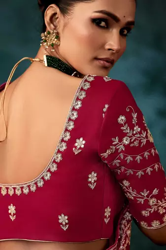 Maroon luxury bridal saree for wedding | fancy fabric saree with hand embroidery & blouse