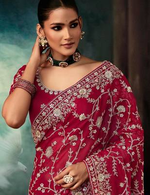 Maroon luxury bridal saree for wedding | fancy fabric saree with hand embroidery & blouse 4