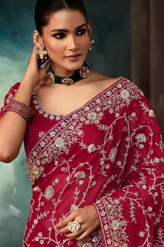 Maroon luxury bridal saree for wedding | fancy fabric saree with hand embroidery & blouse