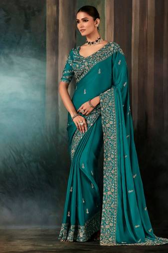 Teal luxury bridal saree for wedding | fancy fabric saree with hand embroidery & designer blouse