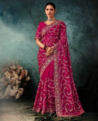 Pink luxury bridal saree for wedding | fancy fabric saree with hand embroidery & blouse 1